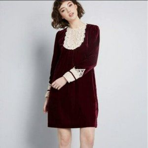 Anna Sui x Modcloth Burgundy and Cream Long Sleeve Dress